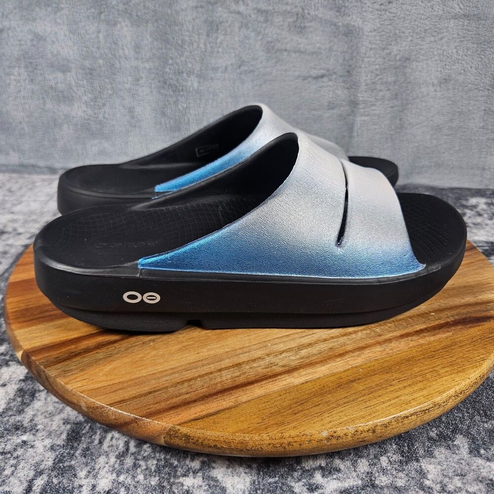 Oofos OOahh Luxe Slides Womens 10 / Mens 8 White Blue Slip On Recovery Sandals